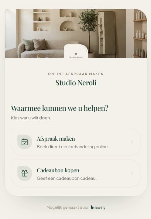 De boekingspagina van Studio Neroli op een telefoon, met onderaan in kleine letters: mogelijk gemaakt door Boekly