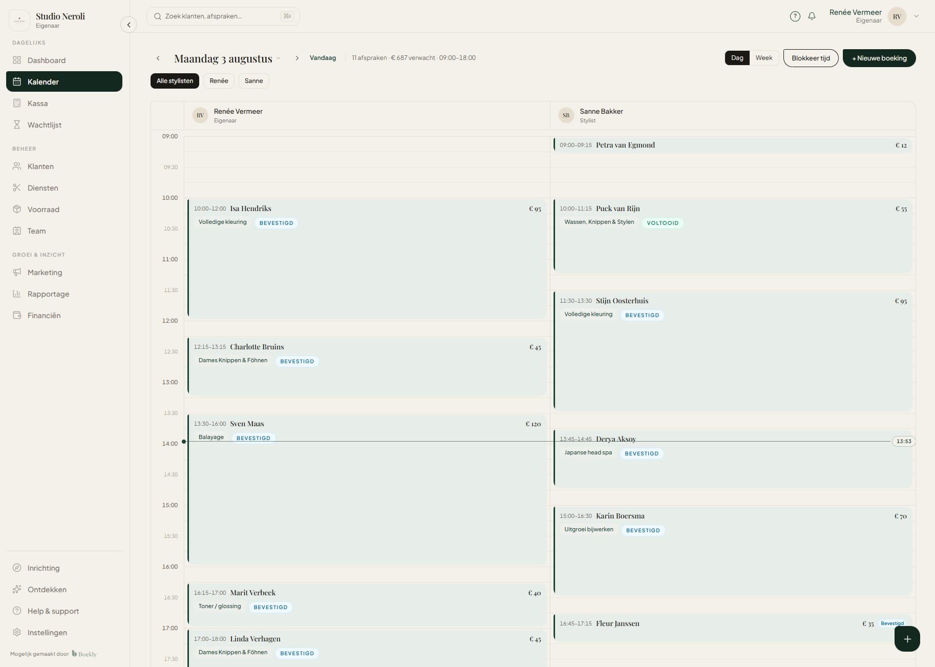 De Boekly-agenda van Studio Neroli met de dagplanning van twee stylisten naast elkaar