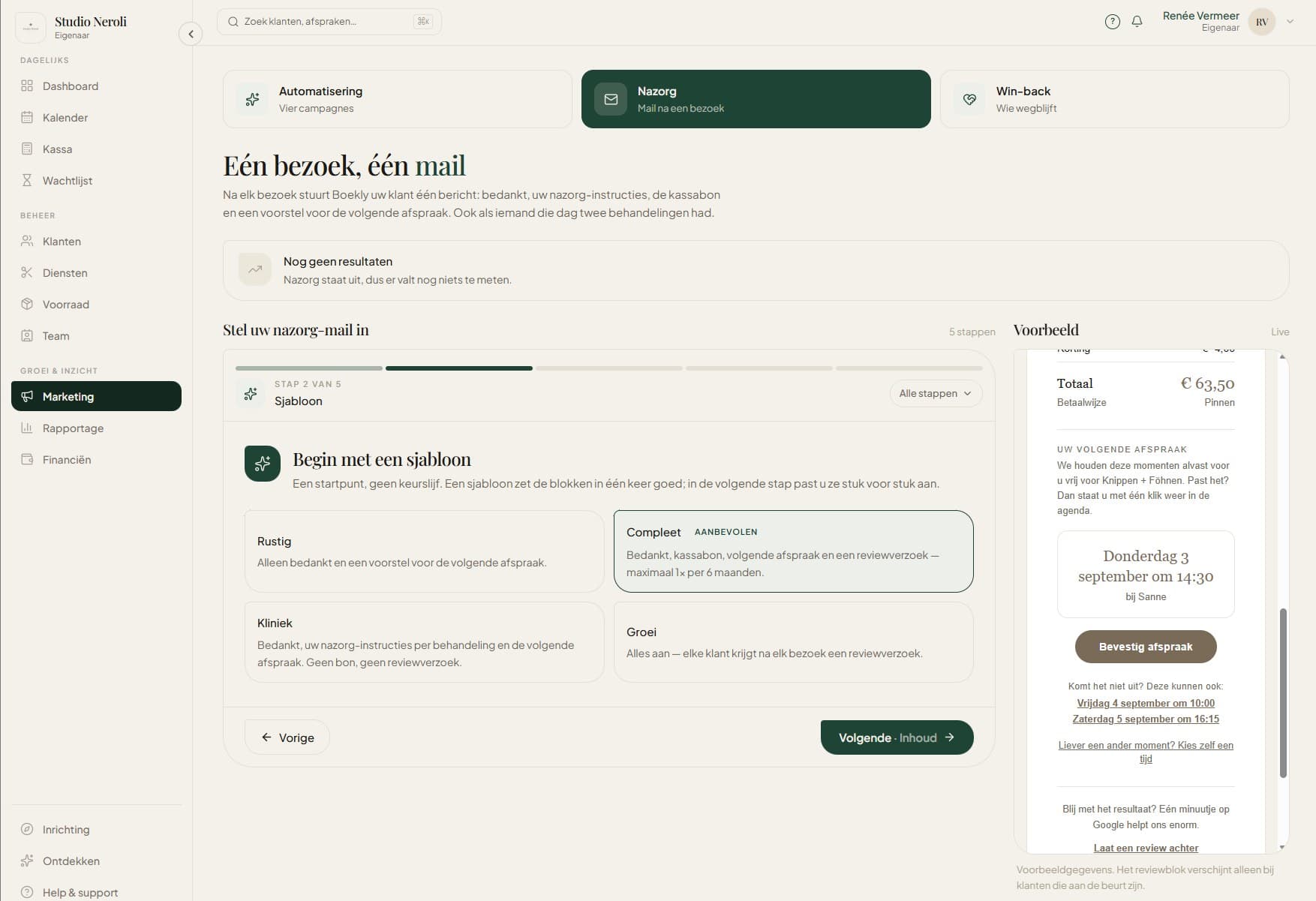 De nazorg-mail in Boekly, met een voorbeeld waarin de klant drie momenten voor de volgende afspraak krijgt