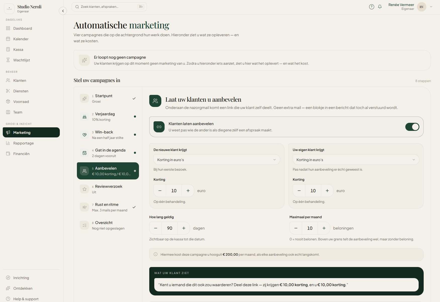 Het instellen van de aanbevelen-campagne in Boekly bij Studio Neroli: wat de nieuwe klant krijgt, wat de eigen klant krijgt, hoe lang het geldig is en hoeveel het maximaal per maand kost