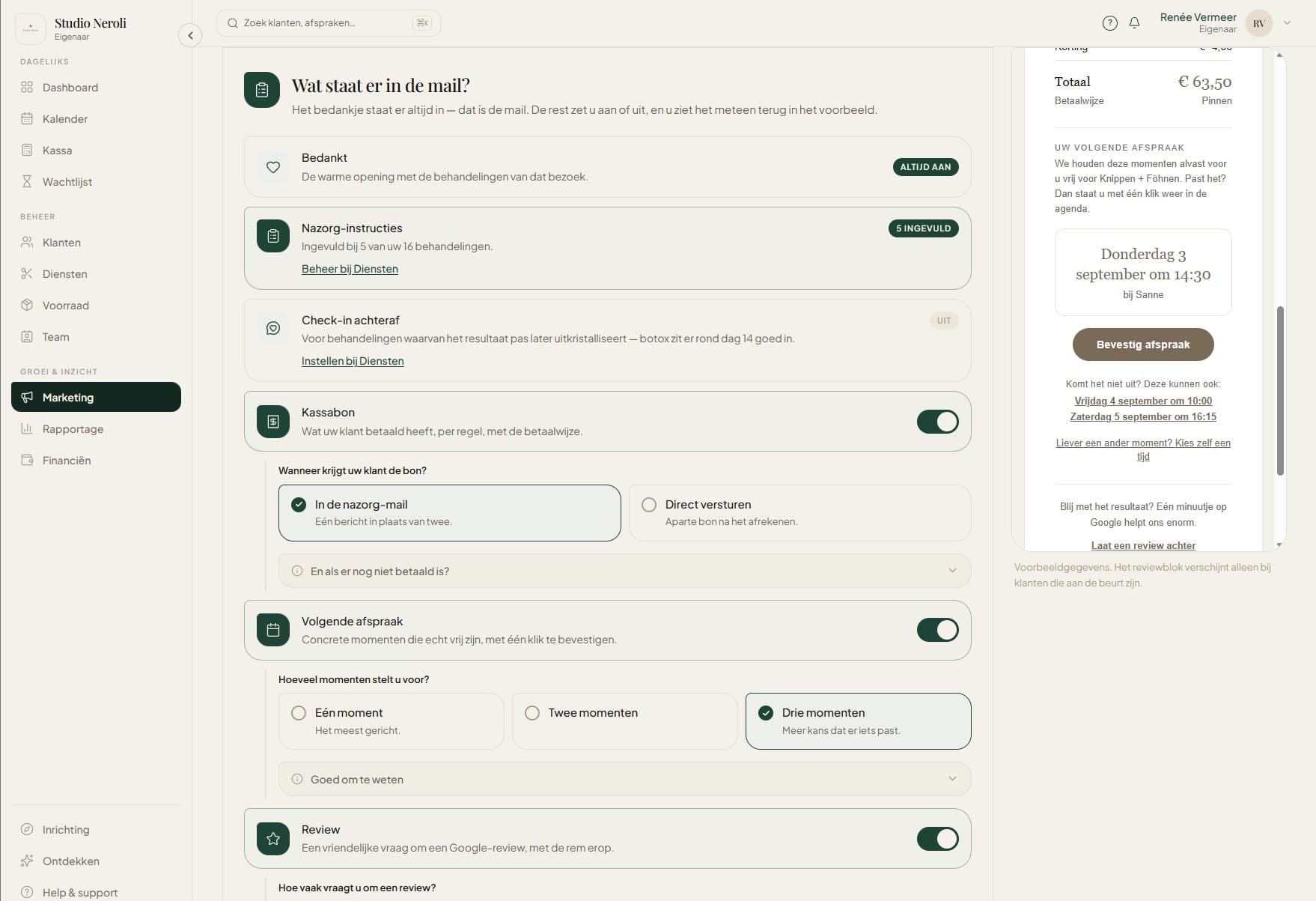 De nazorg-instelling van Studio Neroli in Boekly: per onderdeel aan of uit — bedankje, nazorg-instructies, kassabon, voorstel voor de volgende afspraak en reviewverzoek — met rechts een live voorbeeld van de mail die de klant krijgt