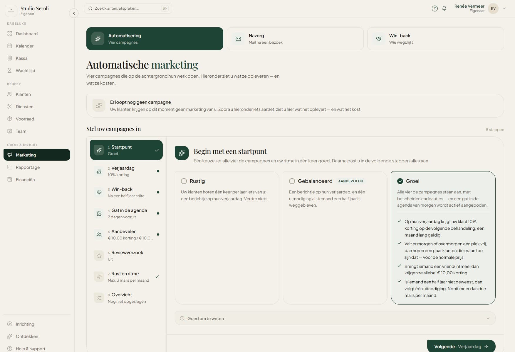 Het instellen van de automatische marketing van Studio Neroli in Boekly: vier campagnes — verjaardag, win-back, gat in de agenda en aanbevelen — met een keuze tussen rustig, gebalanceerd en groei, en een rem van hoogstens drie mails per maand